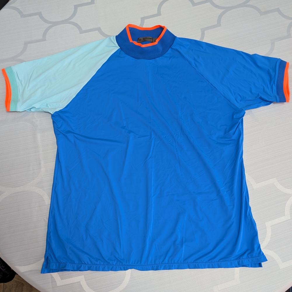 G/FORE Blue and Light Blue Short Sleeve Shirt with Orange Accents